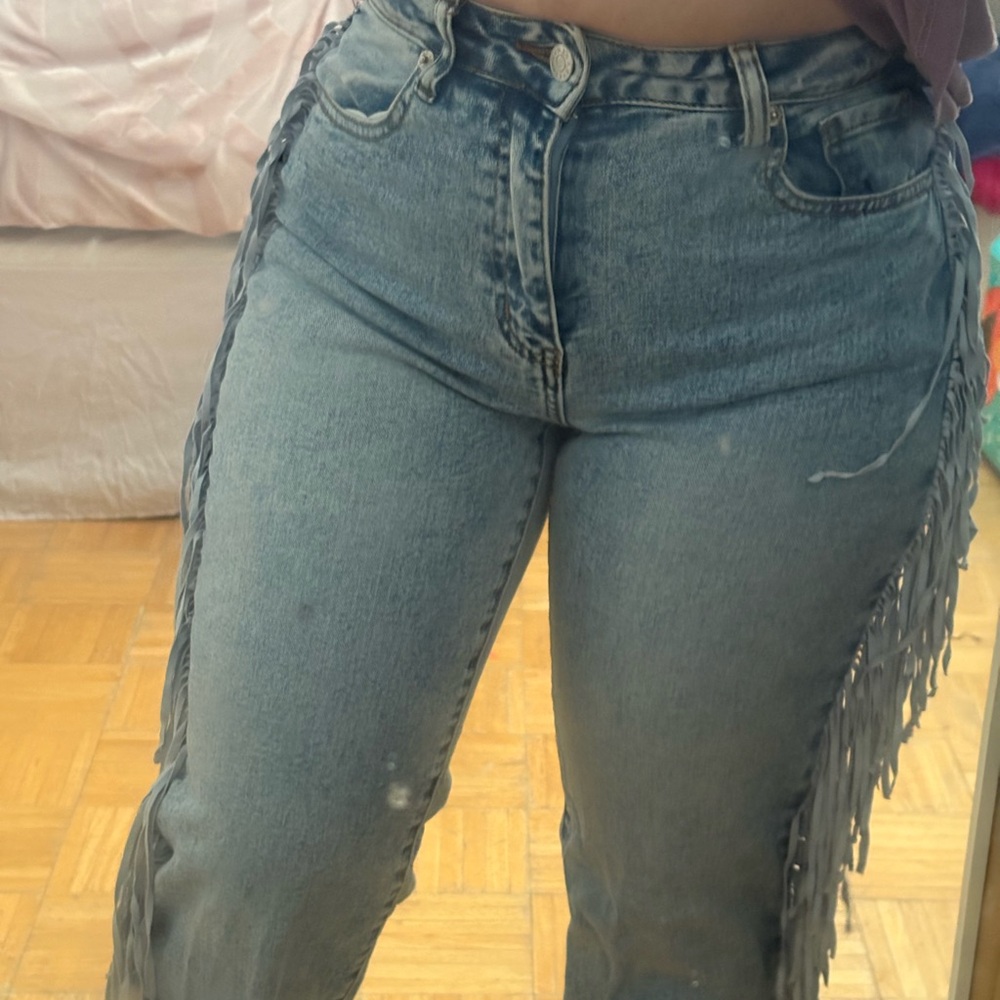 AKIRA Light Blue Fringe Bootcut Jeans